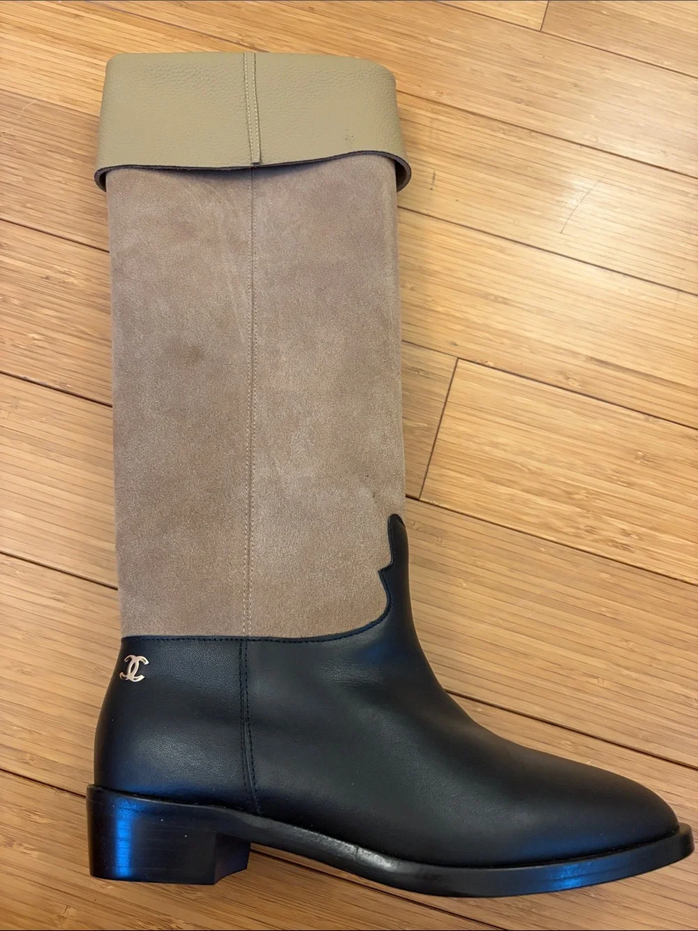 CC Two-Tone Leather and Suede Knee Boot in Black and Taupe